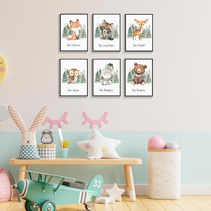 gooptyinh Framed Woodland Nursery Animal Canvas Wall Art, 6 Piece Inspirational Forest Animals Print Posters, Motivational Quotes Cute Bear Fox Rabbit Deer Raccoon Owl Decor for Baby Bedroom 12x16in