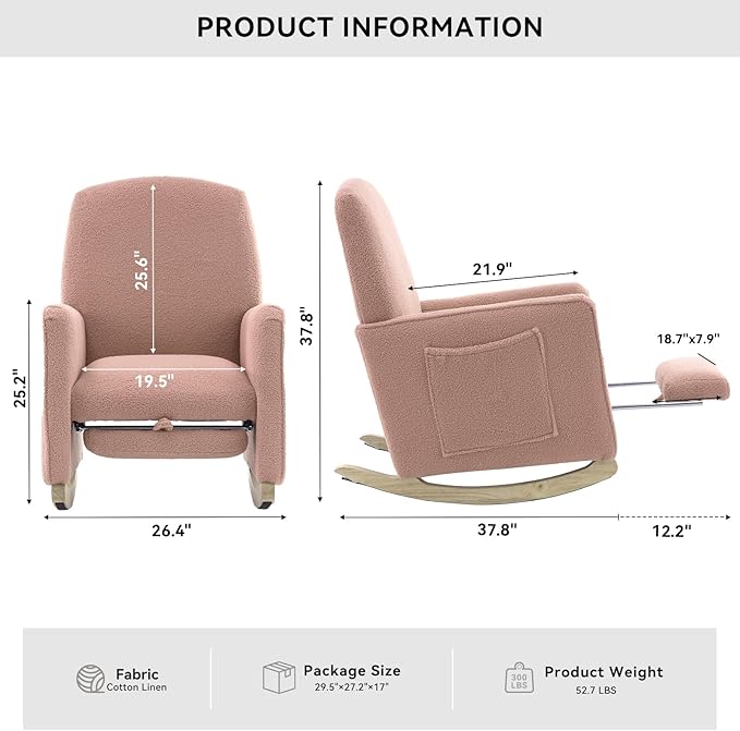 FOXHUNTER Rocking Chair Nursery with Adjustable Footrest and High Backrest, Upholstered Glider Chairs with Side Pockets for Nursery, Rocker Armchair Indoor for Living Room,Pink