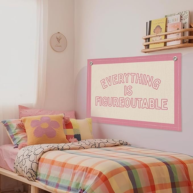Everything is Figureoutable Inspirational Wall Decor, Motivational Classroom Wall Decor, Classroom Linen Canvas Banner Hanging Flag, 20x30 Inch - Pink Border