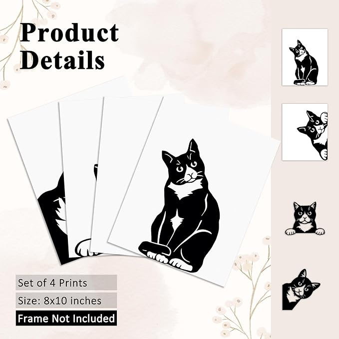 OFJE Funny Black Cat Lover Gifts Wall Art Decor Prints Set of 4, Cute Cat Pictures Wall Decor Living Room Bedroom Bathroom, 8x10 Unframed