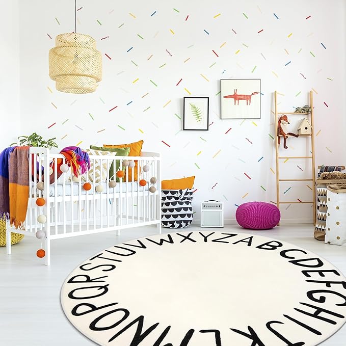 LIVEBOX Round ABC Play Room Rug for Kids, Alphabet Nursery Rug for Boys Girls, Circle Area Rug for Playroom, Machine Washable Rug Educational Crawling Mat for Children Classroom Toy Room(71",Black)