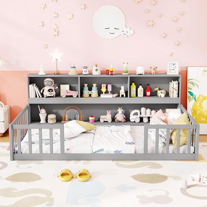 KOMFOTT Twin Floor Bed with Bookcase & Shelves, Wood Bed Frame with Bedside Bookshelves & Guardrails, Versatile 2-in-1 Montessori Floor Bed for Kids (Grey)