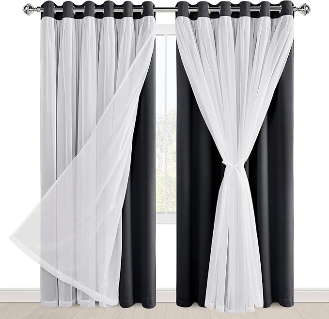 Hiasan Black Blackout Curtains with Sheer Overlay, Grommet Thermal Insulated Mix & Match Double Layer Window Curtains for Bedroom, Living Room, 2 Drape Panels Sewn with Tiebacks, 70W X 84L
