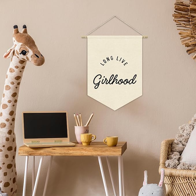 Girls Room Decor, Long Live Girlhood Linen Canvas Banner, Minimalist Girl Nursery Wall Hanging Pennant Flag Banner for Girl Toddler Kids Room Bedroom Dorm Decor, 15x11in