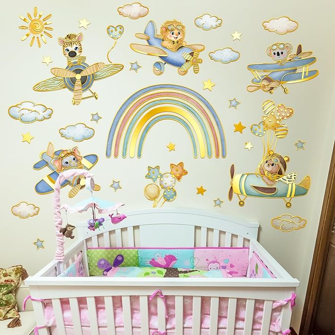Animal Rainbow Wall Stickers Airplane Animals Wall Decals Stars & Clouds Peel and Stick Decal for Kids Rooms Nursery Playroom Walls (Rainbow Airplane)