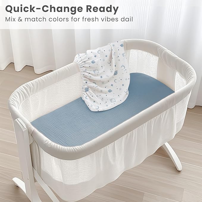Konssy 2 Pack Muslin Bassinet Sheets for Baby Boy, 100% Cotton Soft Bedside Sleeper Bassinet Sheets, Compatible with Baby Delight, Dream On Me, AMKE and Other Rectangle Mattress (Star,Blue)