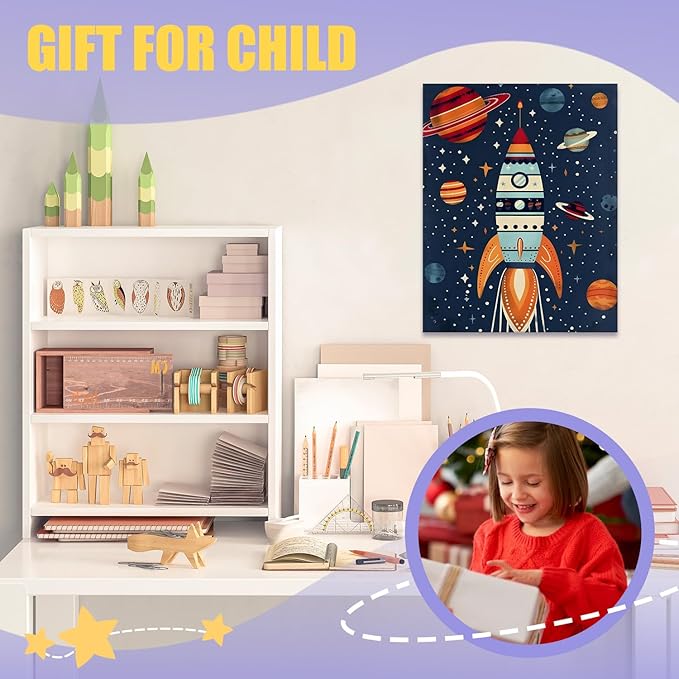 URLLUAE Rocket Ship Space Wall Art Posters for Kids Room, Colorful Outer Space Planet Canvas Poster Prints for Boys Bedroom Classroom Nursery Playroom Wall Decor, 11x14 Inch