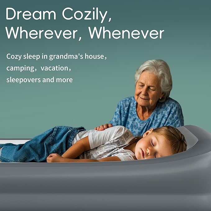 Inflatable Toddler Travel Bed, Portable Kids Air Mattress with Soft Bed Sheet, Toddler Air Mattress with Surround Safety Bumpers, Ideal for Home Use or Travel, Includes Pump and Carry Bag