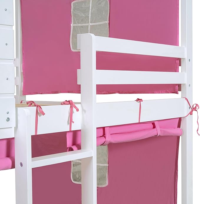 Full Size House Bed Tent Bed with Windows for Kids Teens Boys Girls, Solid Wood Bunk Bed Frame with Guardrails, Versatile Spacious Under Bed Space with Curtains (Pink-Tent Full)