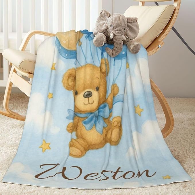Ship Next Day Personalized Baby Blanket for Kids, Custom Baby Blanket with Name, Super Soft Flannel Blankets, Custom Bear Animal Blankets Baby Gifts for Christmas.