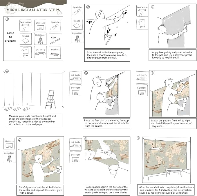 AFZEVEB-Vintage Animal Wallpaper Cartoon Aircraft Map Wall murals for Kids Room 159"x107"(Not Peel and Stick)