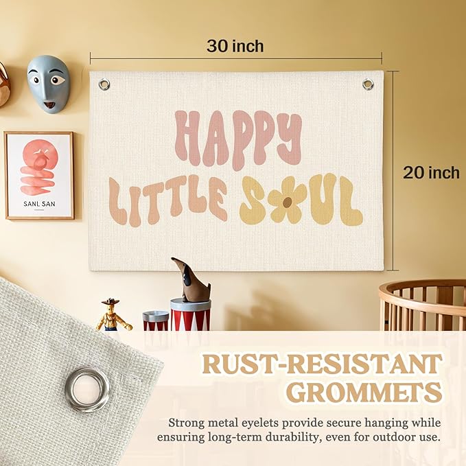 Girls Nursery Decor,Baby Girl Wall Decor,Happy Little Soul Linen Canvas Banner – Boho Inspirational Wall Hanging for Kids Room, Nursery and Playroom – 30x20 Inch