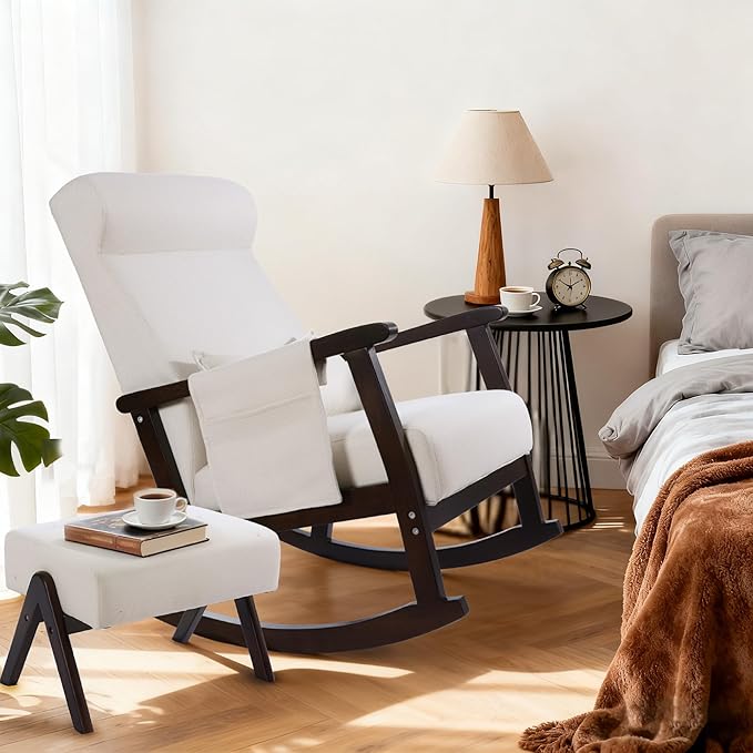 NOBLEMOOD Rocking Chair with Ottoman, Upholstered Nursing Glider Rocker with Side Pocket & Pillow, Comfy High Back Reading Chair with Solid Wood Legs for Nursery/Living Room/Bedroom