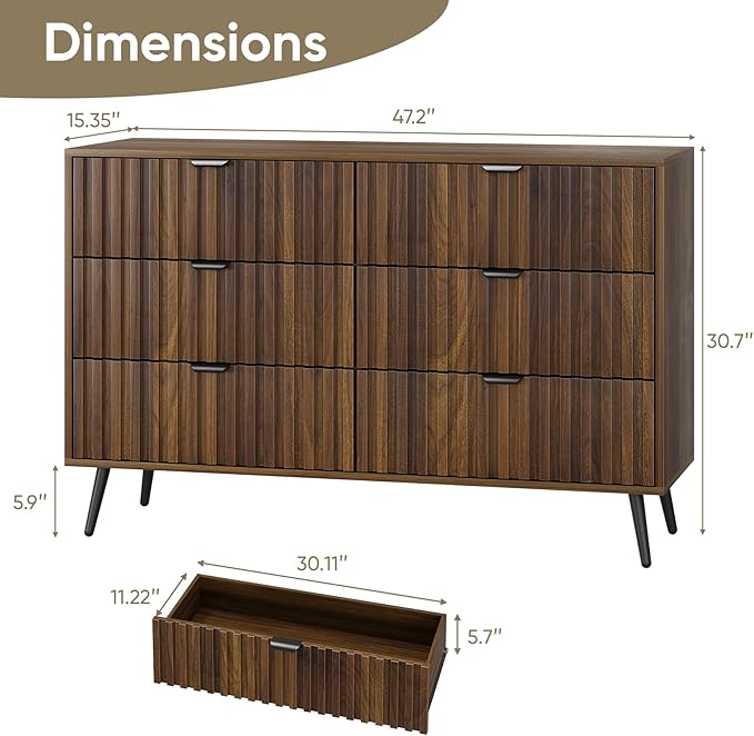 Fluted 6 Drawers Dresser, 47.24" W Modern Chest of Drawers,Wood Farmhouse Dresser Drawer Organizer for Bedroom, Living Room, Hallway, Entryway, Walnut