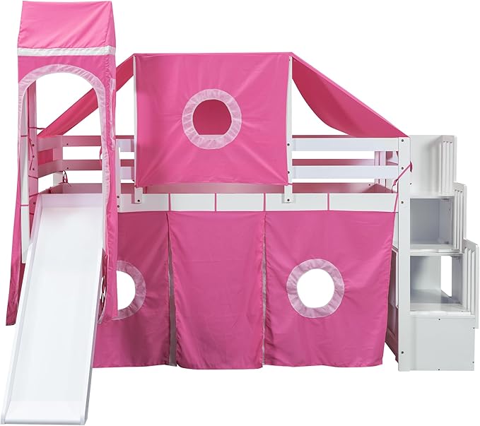 Playhouse Twin Size Low Loft Bed with Slide & Tent and Tower, Solid Wood Tent Bed Frame with Storage Staircase for Kids Teens Boys Girls, Versatile Spacious Under Bed Space with Curtains (Pink-TST)