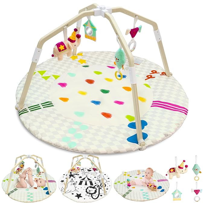 Bella’s Friends Baby Play Gym Mat, Stage-Based Developmental Tummy Time Mat, Wooden Activity Center for Baby with 4 Detachable Sensory Toys and Reversible Mat, Baby Essentials Gifts for Newborn Infant