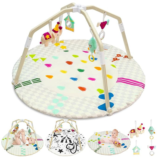 Bella’s Friends Baby Play Gym Mat, Stage-Based Developmental Tummy Time Mat, Wooden Activity Center for Baby with 4 Detachable Sensory Toys and Reversible Mat, Baby Essentials Gifts for Newborn Infant