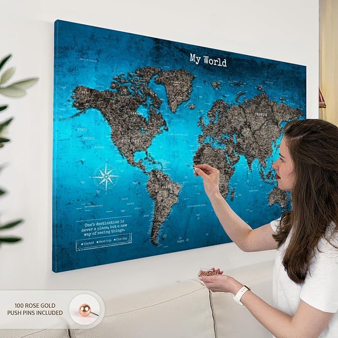 ElephantStock - My World Push Pin Travel Map Iii Wall Art - Horizontal Canvas Wall Art - Living Room Wall Decor - Digital Art Map Canvas Art - Turquoise And Blue Decor - 48" x 32"