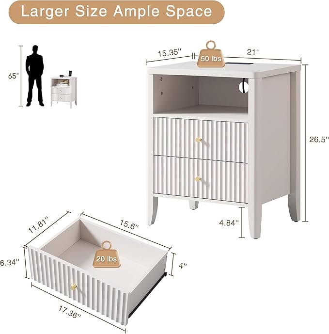 Fluted Nightstand with Charging Station, 21" Wide Modern Bedside Table with 2 Drawers & Open Shelf, Wood End Table with Storage & Metal Handle for Bedroom, Small Spaces, Creamy White