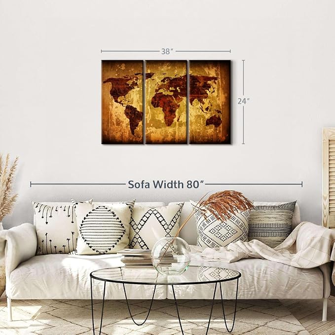 ElephantStock Vintage World Map Wall Art Multi Piece Canvas - 3 Piece Canvas World Map Wall Decor - Wall Decor - Ready-to-Hang Print - Vintage Wall Art - 38" X 24"