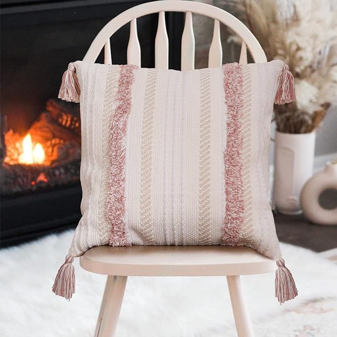 Boho Throw Pillow Covers 20 × 20 in Neutral Tufted Pink Square Decorative Case — Modern farmhouse accent pillow cover with tufting, tassels & textured weave perfect for couch, bed or living room décor