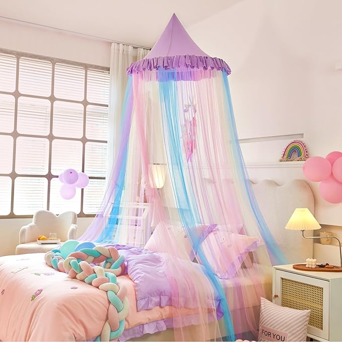 Kertnic Rainbow Bed Canopy for Girls Dreamy Mosquito Net for Bed Round Dome Princess Bed Canopy Girl Room Play Tent Kids Canopy Bed Netting Curtains (Single Layer- Purple)