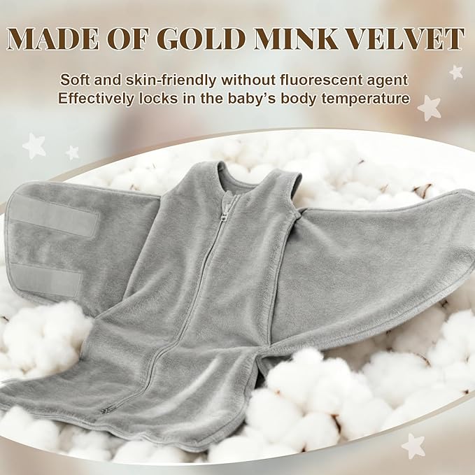 Fleece Swaddle Blanket for 0-3 Months Fleece Newborn Sleepers Plush Baby Wearable Blanket Golden Mink Swaddle with Adjustable Wrap for Baby Shower New Parents Gift, Gray