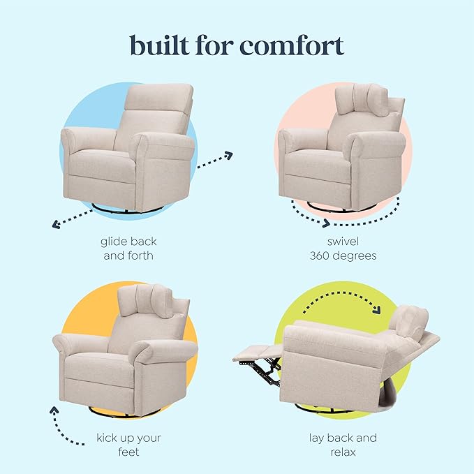 Davinci Suzy Flex Nursery Recliner and Swivel Glider with Adjustable Headrest and Armrests, High Pillowback in Beach | GREENGUARD Gold, FSC, CertiPUR-US® Certified