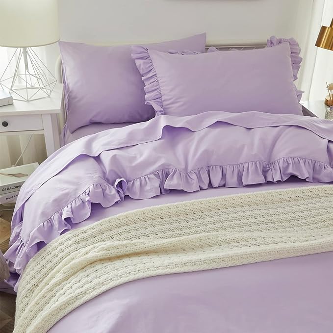 Brandream Kid's Duvet Cover Twin/Twin XL Size 100% Cotton 2pcs Girl Bedding Duvet Cover Shams Set, Delicate Ruffle Fringe Solid Color Soft and Breathable (Purple)