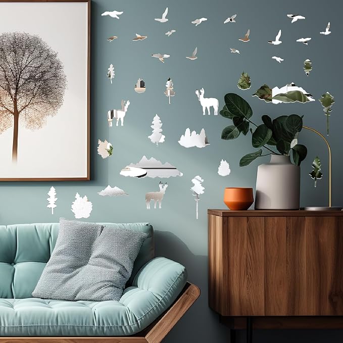 Woodland Tree Animal Wall Stickers Removable 3D Mirror Acrylic Wall Decals Mountain Pine Trees Decals Peel and Stick Forest Animals Tree Decor for Bedroom Living Room