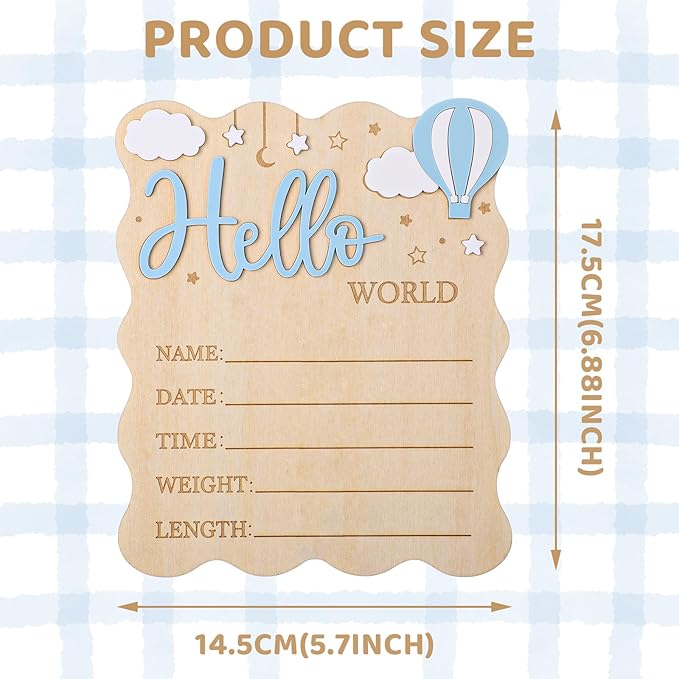 Baby Announcement Sign,Wooden Hello World Newborn Signs Birth Announcement Sign and Pen for Baby Shower Hospital Nursery Newborn Boys and Girls (Blue)