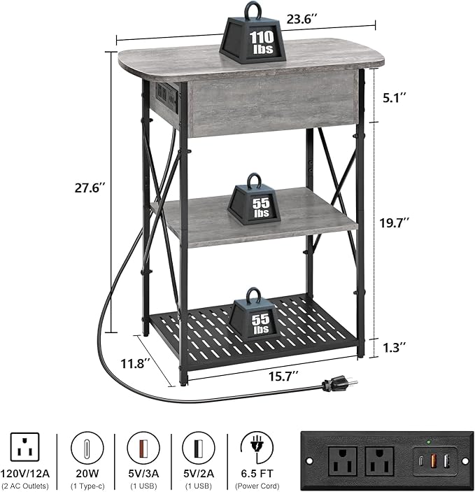 Livofloral Narrow End Table with Charging Station, Grey Side Table with 3 USB Ports and 2 AC Outlets, Flip Top End Table with Storage, Bedside Table with Drawer, Side Tables Living Room, Bedroom