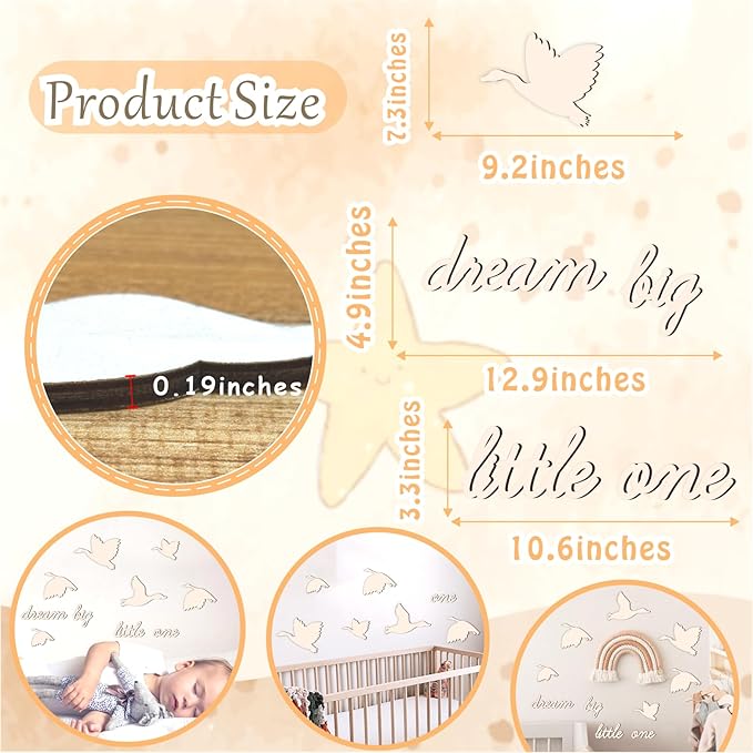 Dream Big Little One Wooden Walls Decor Baby Room Arts Decals Nursery Wall Art Sign Sticker Peel and Stick Colorable Inspirational Art Decoration for Kids Boys Girls Bedroom Playroom Decor-10pcs