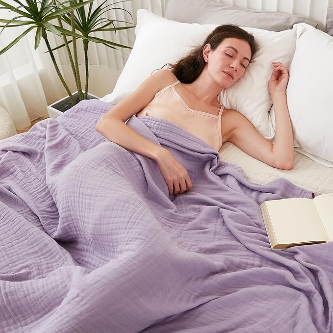 EMME Cotton Blanket Queen Size for Bed Soft Large Muslin Bed Blankets 90"x90" Lightweight Breathable All Season Gauze, Lavender