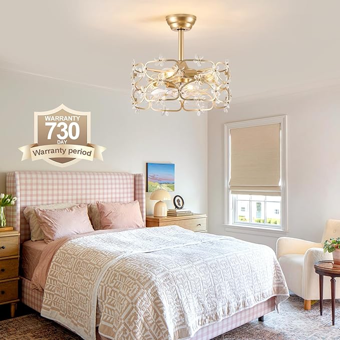 Gold Fandelier Ceiling Fan with Light and Remote Control Modern Crystal Flower Chandelier Ceiling Fan for Girl's Bedroom，Nursery，Living Room（Caged Enclosed 6 Speeds Height Adjustment）