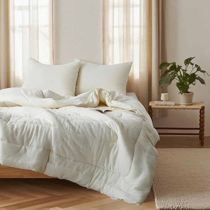 Simple&Opulence 100% Cotton Muslin Comforter Set Queen Size, 3PCS Washed Cotton Gauze Comforter, Soft Lightweight All Seasons Bedding Sets with 2 Pillow Shams(Cream,Queen)