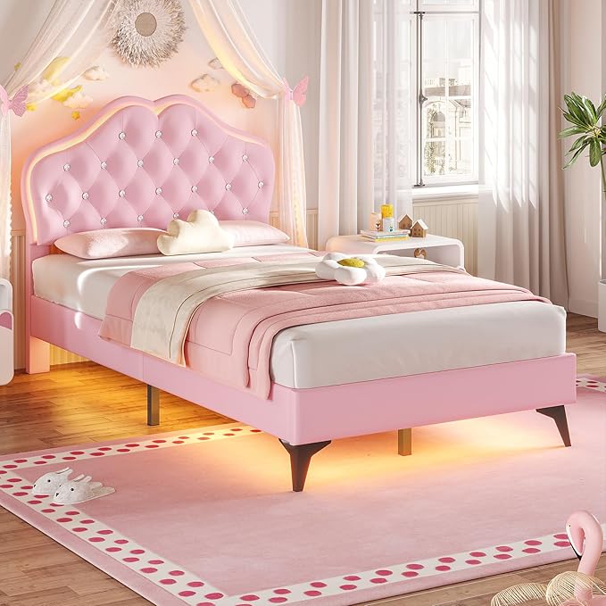 BTHFST Twin Size Upholstered Bed Frame with LED Lights, Princess Platform Bed for Girls, Adjustable Headboard with Crystal Button, Solid Wood Slats Support, No Box Spring Needed, Pink