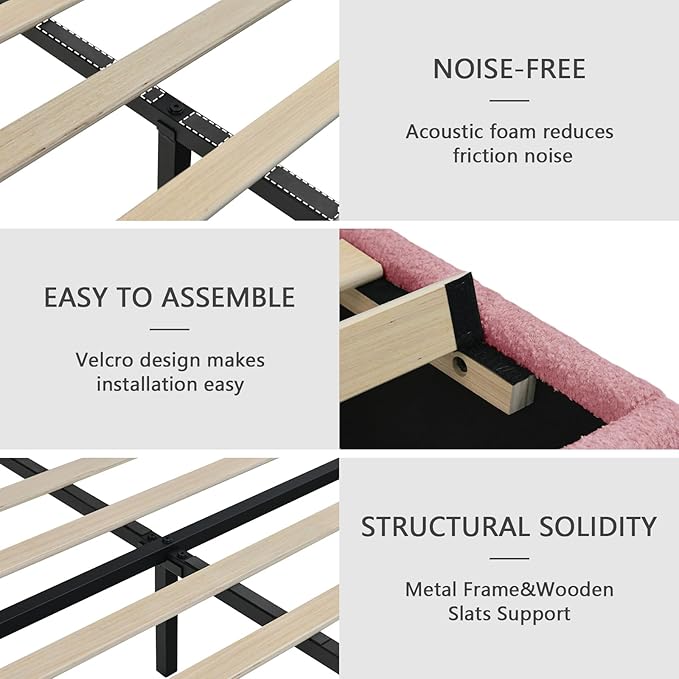 Full Size Bed Frame with Headboard, Cloud Boucle Upholstered Bed Frame, Modern Soft Style, Adjustable Headboard, No Box Spring Needed, Easy Assembly, Pink
