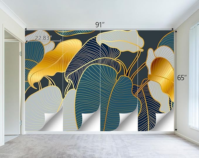Golden Botanical Leaf wallpeper Living Room Bedroom Wall Mural - 91"x65"（Not Peel and Stick）