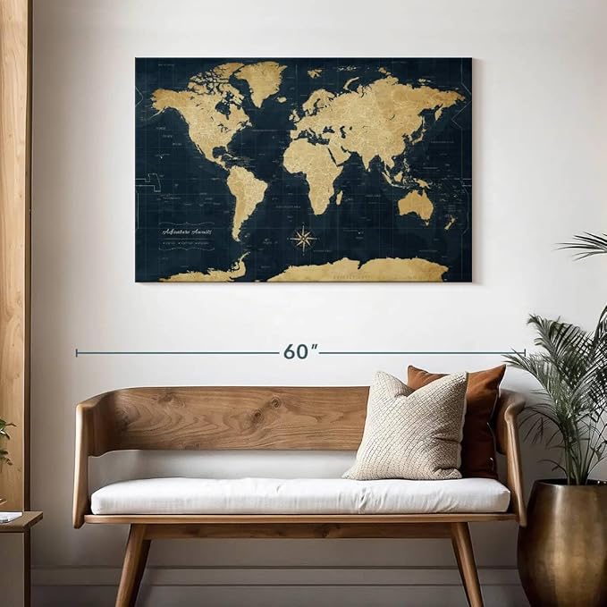 ElephantStock - Adventure Awaits World Map With Push Pins Wall Art - Horizontal Canvas Wall Art - Living Room Wall Decor - Digital Art Map Canvas Art - Gold And Blue Decor - 45" x 30"