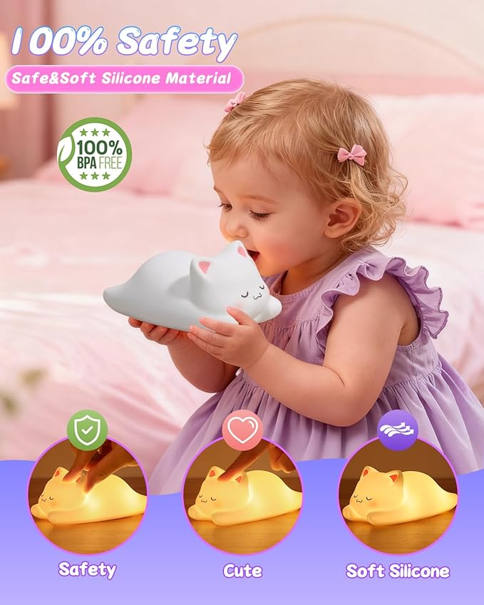 ZKLiLi Night Light for Kids Cute Cat Lamp,16 Colors+Tap+Remote+Silicone Kids Cute Cat Lamp Gifts,USB Remote Rechargeable Cat Night Lights for Room Decoration