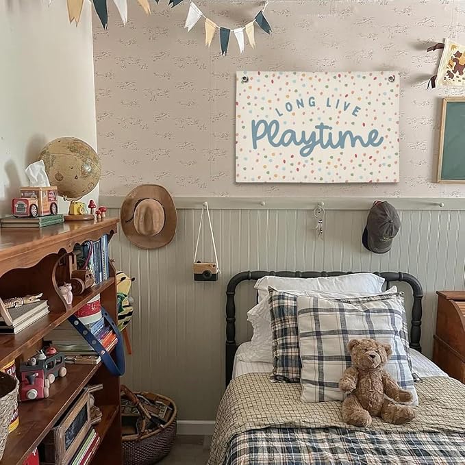 Playroom Decor, Kids Wall Art Hanging Linen Banner, Blue Striped Wall Flag for Kids Room Nursery Playroom Decor, 20x30 Inch