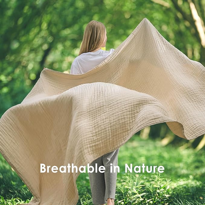EMME Cotton Throw Blanket Large 50"x70" Gifts for Women 100% Muslin for Couch Breathable Gauze All Season Light Tan Soft and Lightweight Pre-Washed