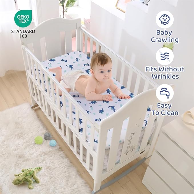 Wowelife Dinosaur Mini Crib Bedding Set for Boys Blue Premium 3-Piece Baby Bedding Sheet Set Dinosaurs Nursery Crib Set Crib Comforter Set Breathable and Soft for Baby