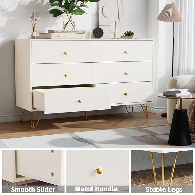 White Dresser for Bedroom, 6 Drawer Dresser with Golden Handles, Large Storage Cabinet, Modern Chest of Drawers Organizer Storage for Hallyway, Entryway