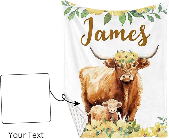 Custom Baby Crib Bedding Set - Highland Cow Design Personalized Name Yellow Flower Baby Nursery Bedding 3 Pcs Set - Chic Soft Blanket, Fitted Sheet, Room Rug for Newborns Boys Girls Gifts