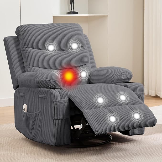 Recliner Chair Nursery, Oversized Manual Reclining Rocking Chair, 360 Swivel Glider with Cup Holder, Massage and Heat Recliner, Indoor Small Single Sofa Chairs for Adults, RV, Bedroom, Corduroy Gray