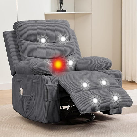 Recliner Chair Nursery, Oversized Manual Reclining Rocking Chair, 360 Swivel Glider with Cup Holder, Massage and Heat Recliner, Indoor Small Single Sofa Chairs for Adults, RV, Bedroom, Corduroy Gray