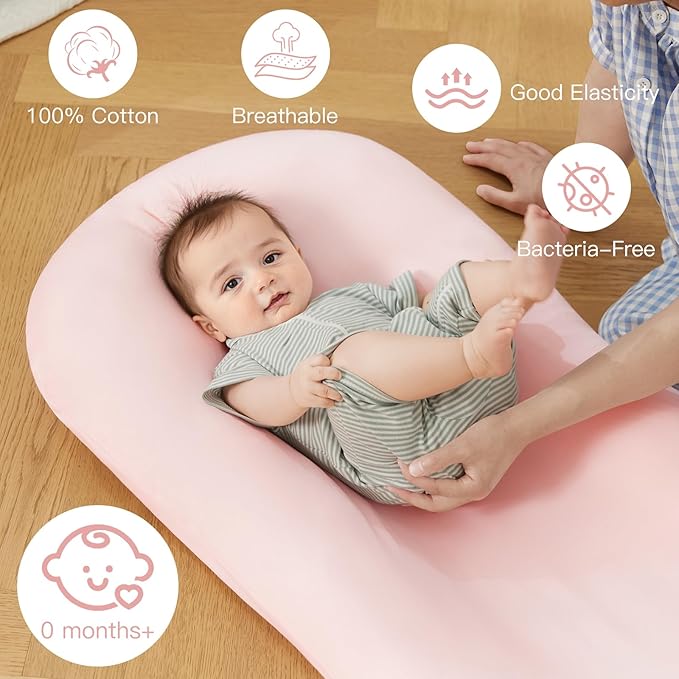 Lucakuins Baby Lounger, Bionic Design Baby Lounger for Newborn 0-24 Months, Soft Organic Cotton Breathable Lounger for Infants (Lovely Pink Lounger)