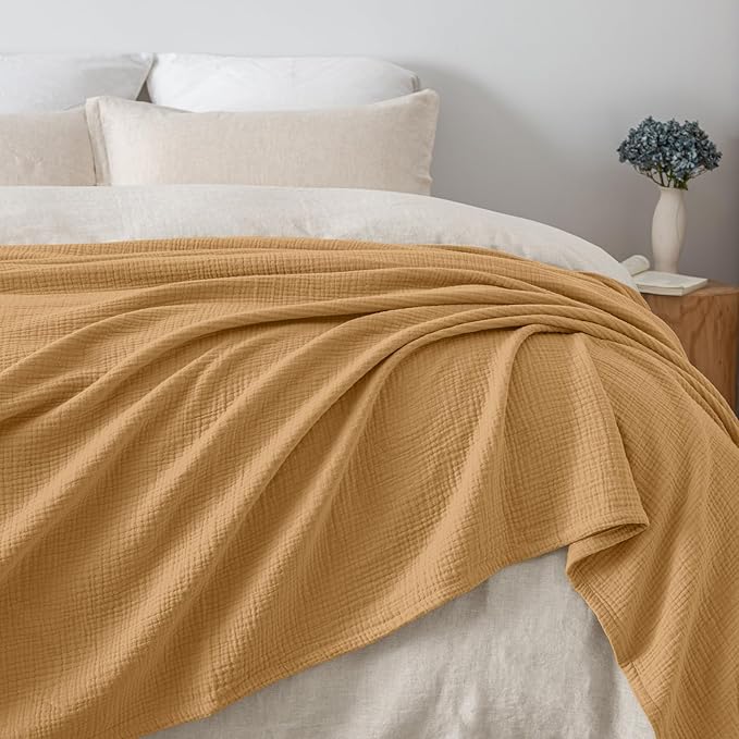 PHF 100% Cotton Muslin Blanket King Size 108"x90", 4-Layer Lightweight Gauze Throw, Breathable Cloud-Soft Minimalist Blanket for Bed, Couch, Camping & Baby, Amber, Ideal Gift